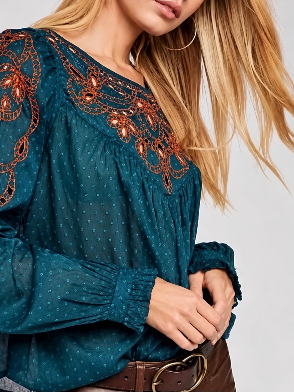 Free People Boho Embroidered Blouse Teal Crochet Lace Balloon Sleeve Top SP
